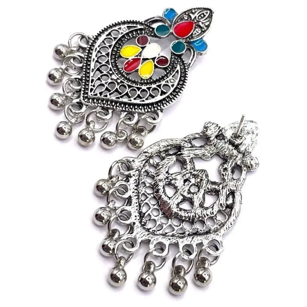 Silver with Multicolored Oil Drip Boho Dangling Drop Post Back Earrings